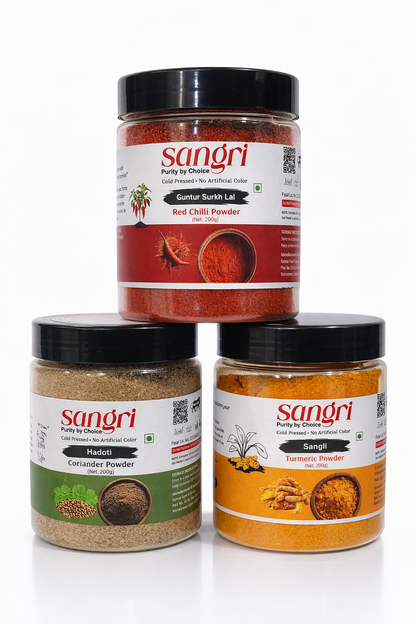 Sangri Kitchen Starter Pack — Special Combo Offer (100g) | Red Chilli + Turmeric Powder + Coriander Powder
