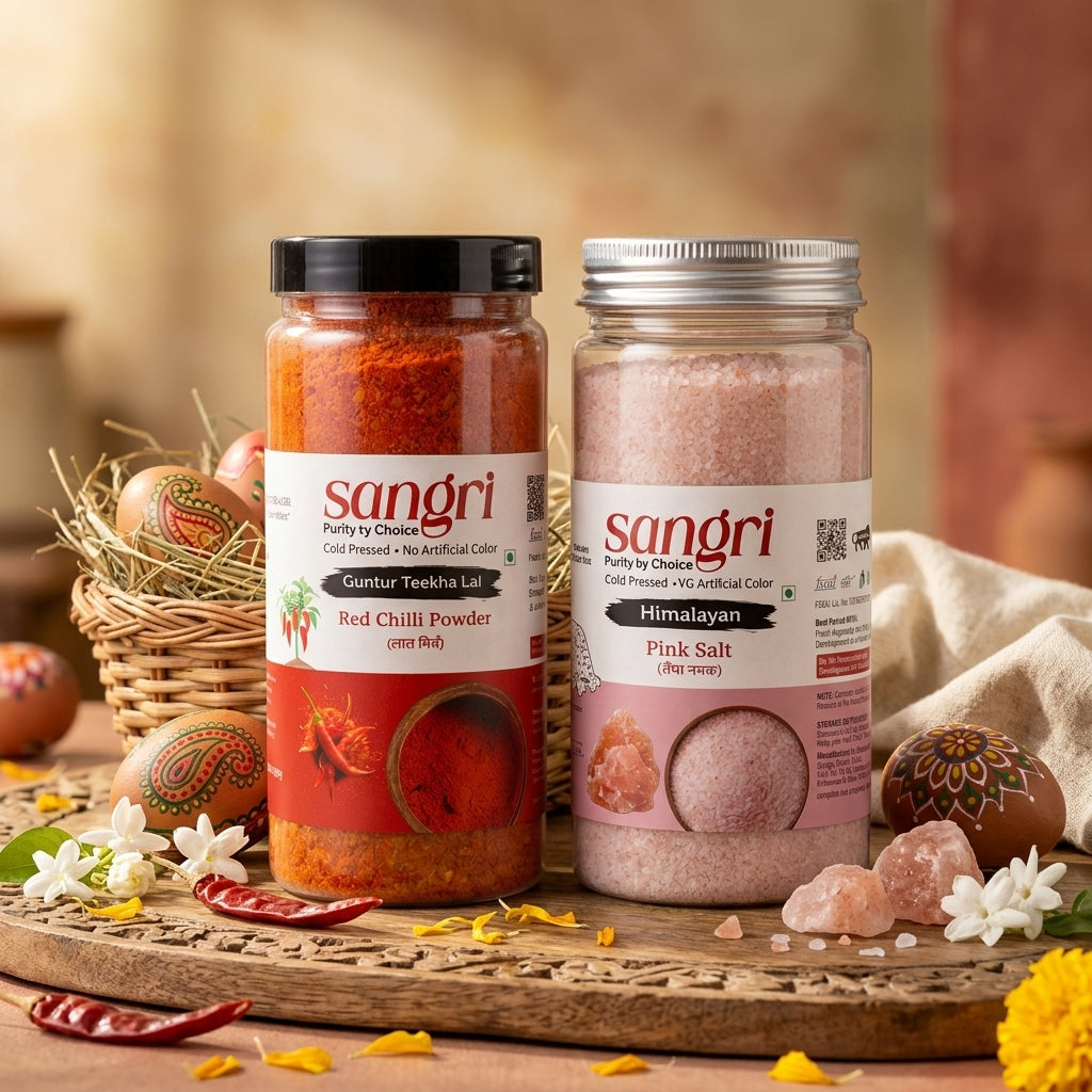 Sangri Spicy Essentials Combo | Guntur Teekha Lal Red Chilli 250g + Himalayan Pink Salt 600g