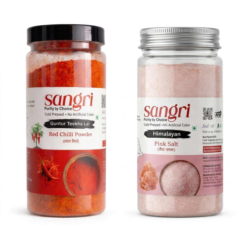 Sangri Spicy Essentials Combo | Guntur Teekha Lal Red Chilli 250g + Himalayan Pink Salt 600g