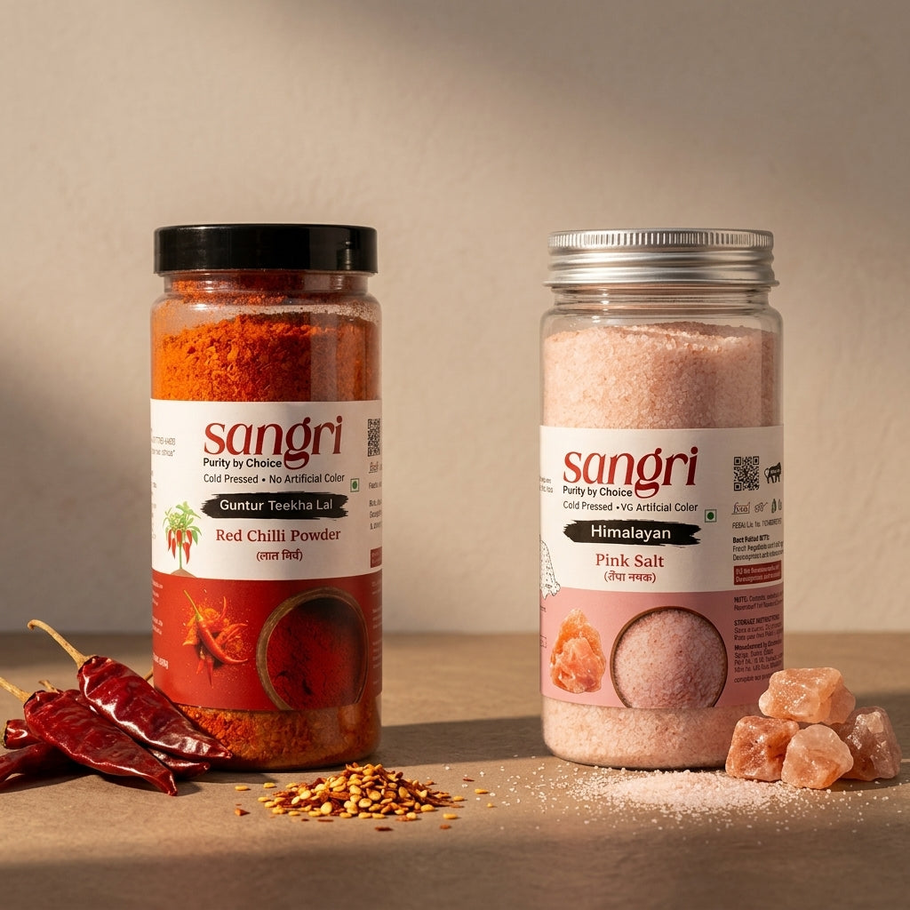 Sangri Spicy Essentials Combo | Guntur Teekha Lal Red Chilli 250g + Himalayan Pink Salt 600g