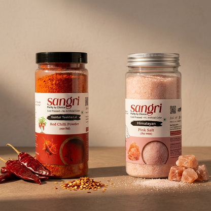 Sangri Spicy Essentials Combo | Guntur Teekha Lal Red Chilli 250g + Himalayan Pink Salt 600g